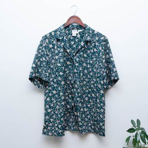 Size XL, Green Short Sleeve Blouse, Floral Print